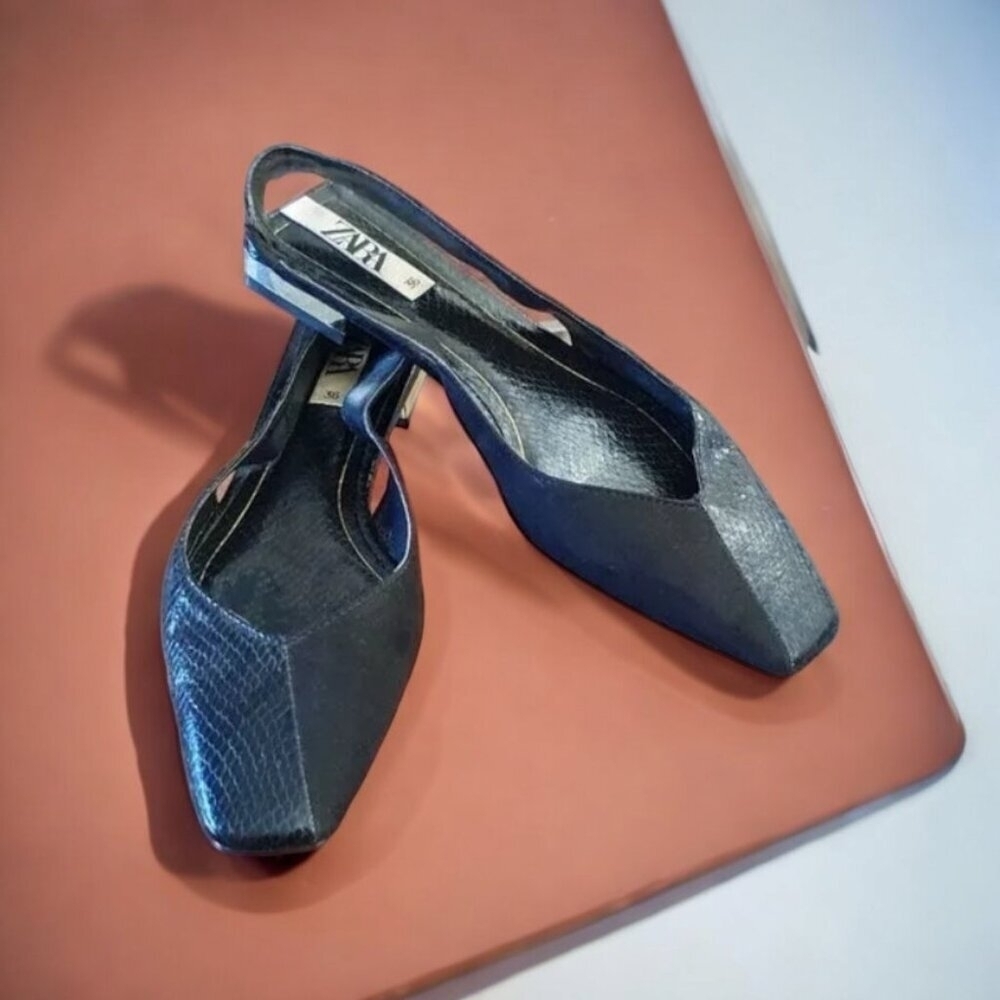 ZARA Black Snake Print Leather Sling Back Square Toe Flats - Size 5 / 5.5